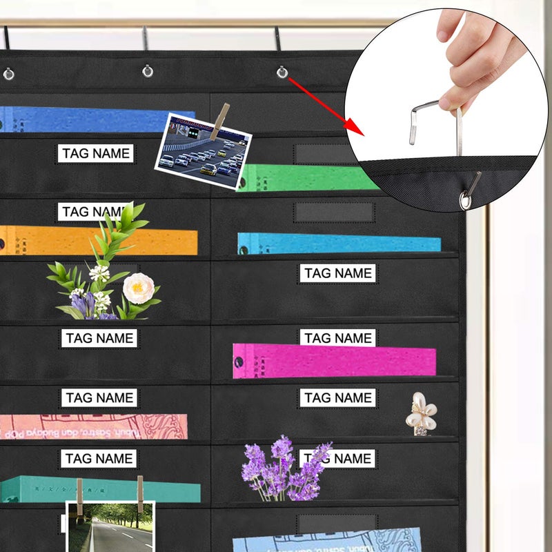 Sinzip Heavy Duty 20 Pocket Door Hanging File Organizer with Name Tag Holders, Black Wall Storage Pocket Charts with 4 Hangers, Great for Classroom, School, Home or Office Use (20 Nametag Pocket) - Image 3